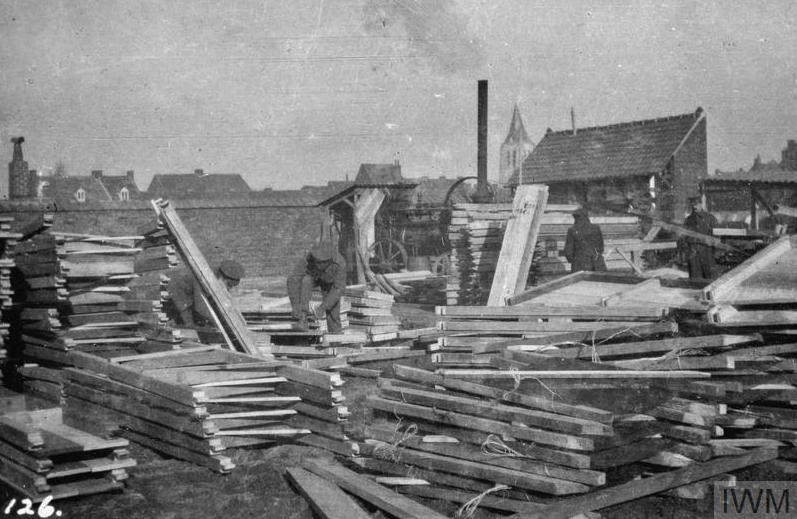 THE BRITISH EXPEDITIONARY FORCE ON THE WESTERN FRONT, 1914-1915 (Q 51574) Piles of dug-out frames in the Royal Engineers' Yard at Erquinghem, 7th February 1915. Copyright: © IWM. Original Source: http://www.iwm.org.uk/collections/item/object/205285246